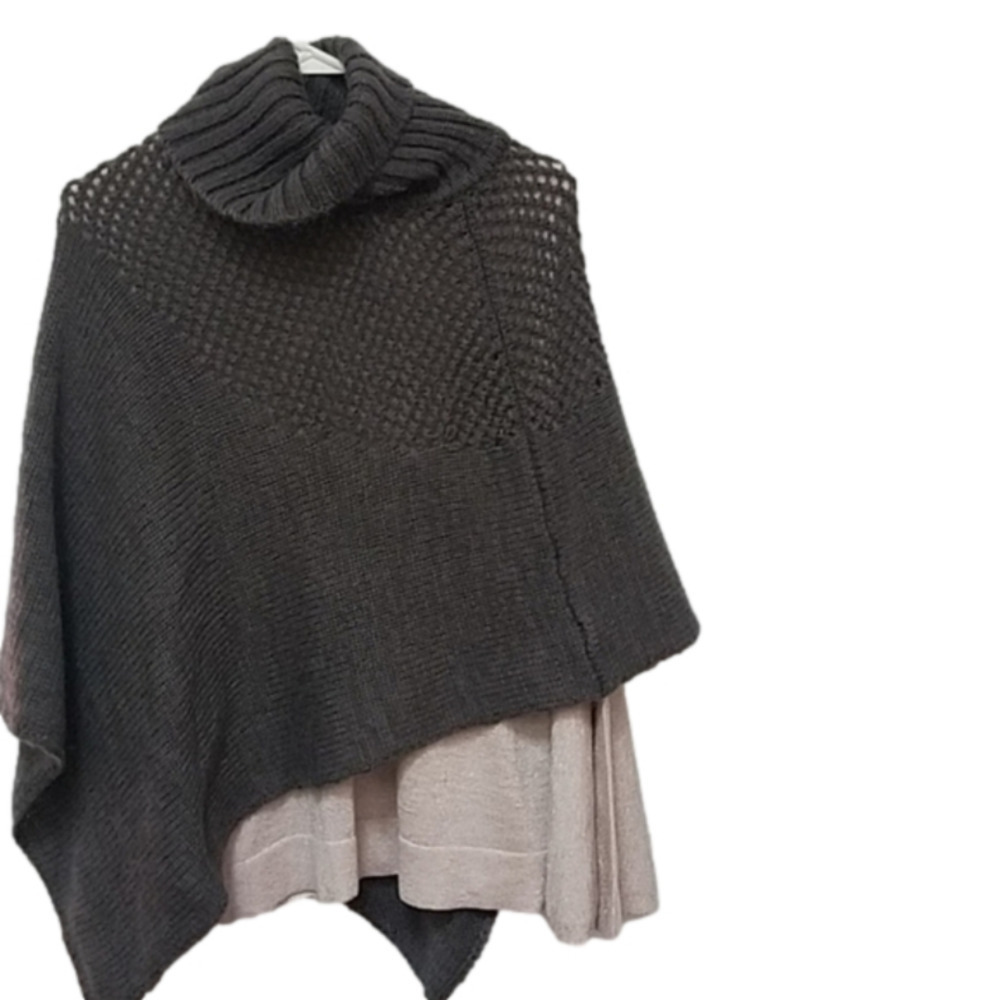 COTE Femme France Knit Asymmetrical Gray Mohair Blend Pancho Funnel Neck Collar